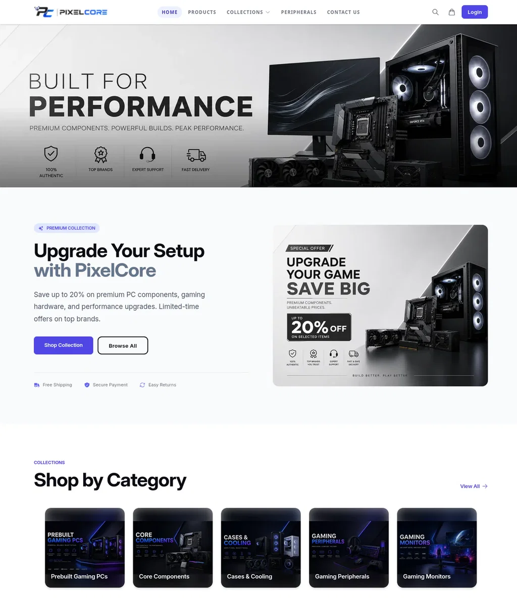 PixelCore — Gaming PCs & Components storefront homepage, a live demo store built on Ecomplify