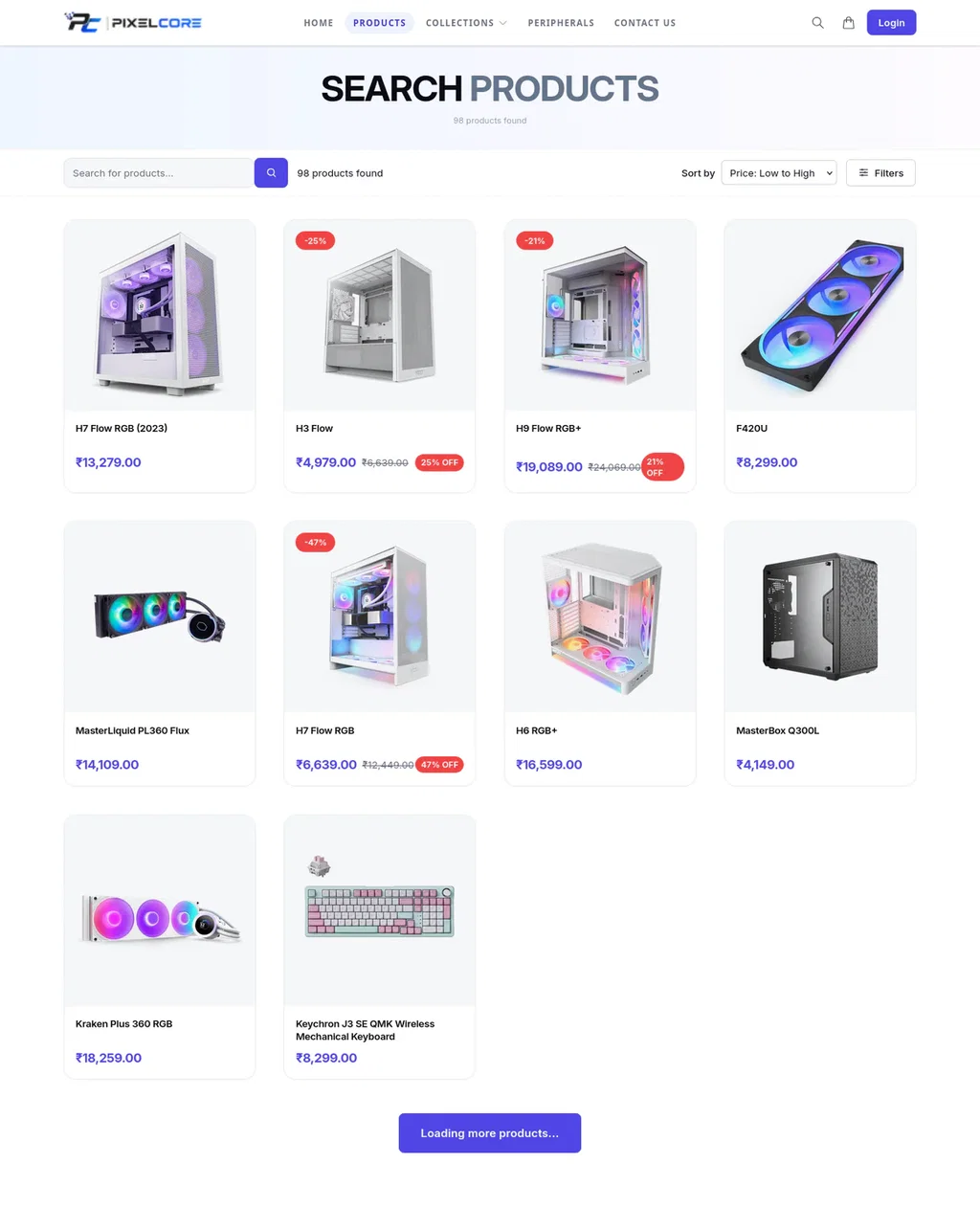 PixelCore product search page — live Ecomplify demo store