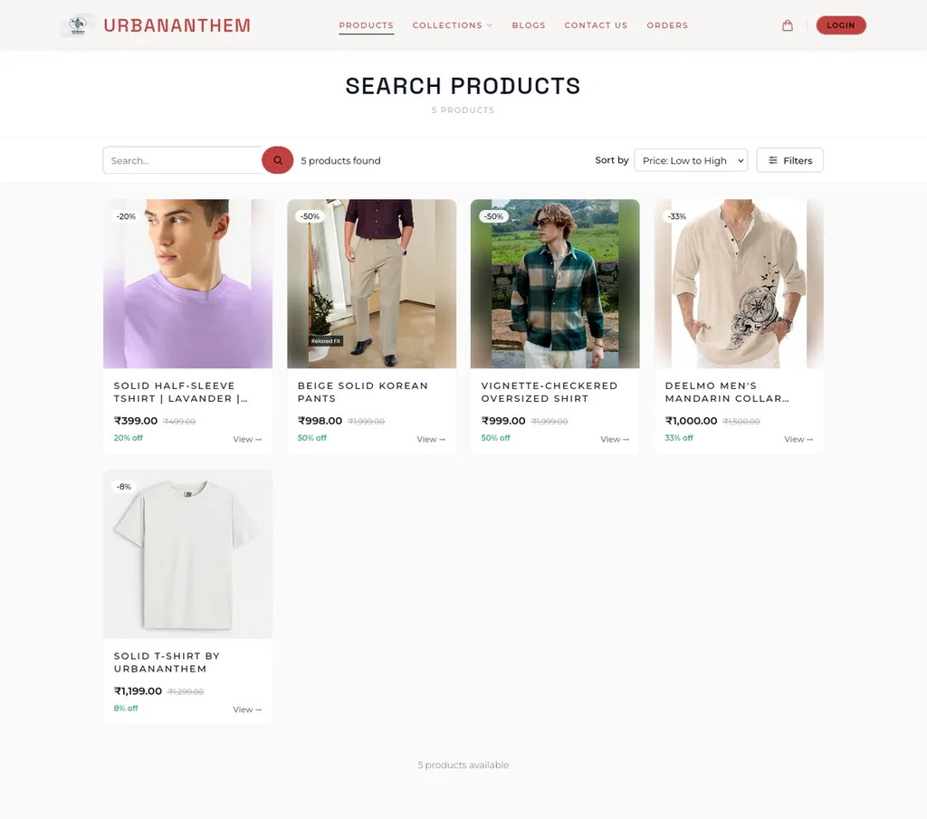 UrbanAnthem product search page — live Ecomplify demo store